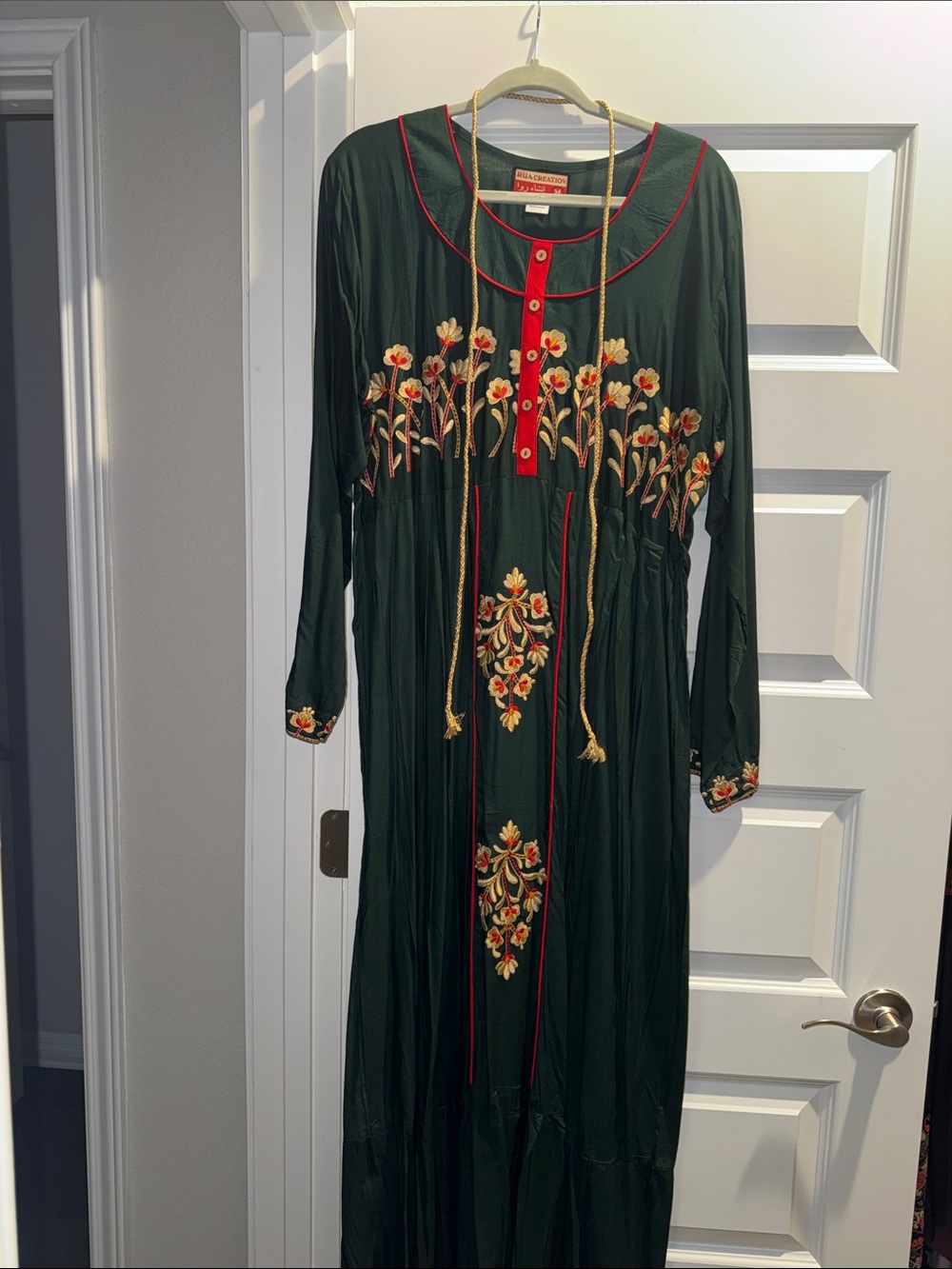 Embroidered Dark Green Maxi Dress with Red Trim